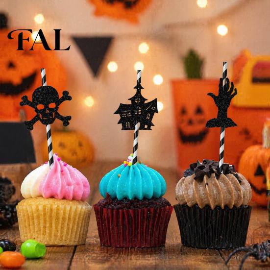 Creative Halloween Accessories 9 Pcs Paper Straws, Glitter Pumpkin Bat Witch Ghost Cat Drinking Home Decor Straw, Black White Stripe Disposable Straw