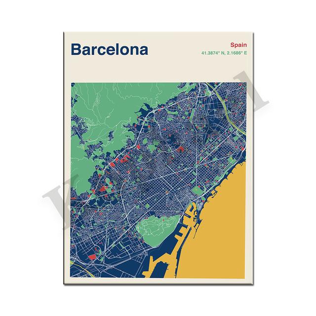 Барселона. Севилья. Бильбао. Мадрид. Альмерия. Цветная карта городов Испании. Искусство стены. плакат