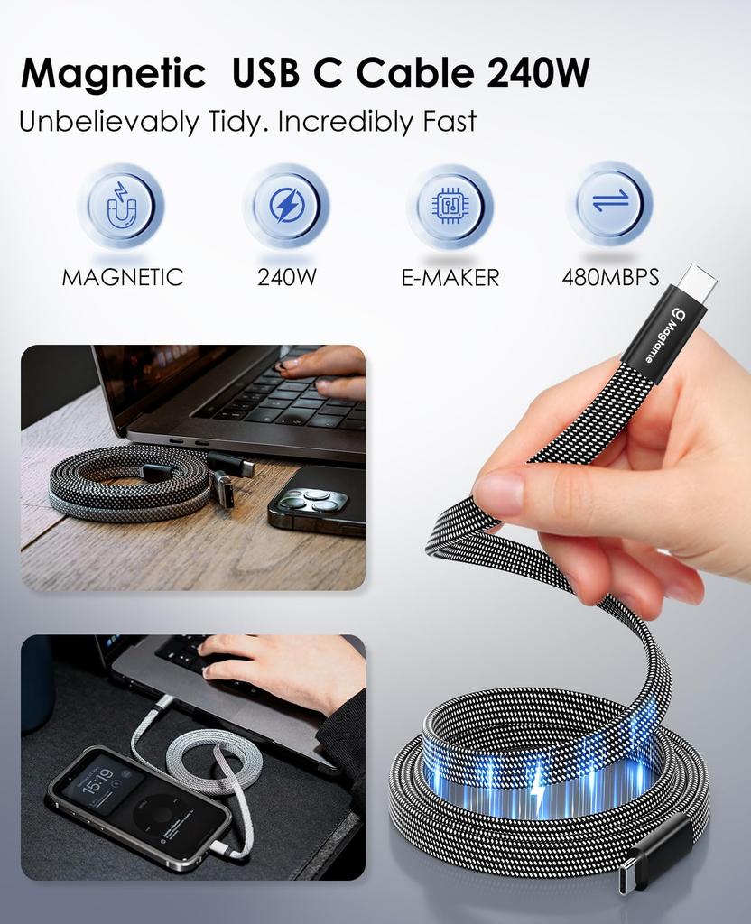 Magtame Magnetic Fast Metal Double совместим с кабелем Type-C, плоский, автоматическое хранение, зарядка 240 Вт/5 А, кабель Type-C, совместимость с QC4.0/PD3.1, USBC-USBC