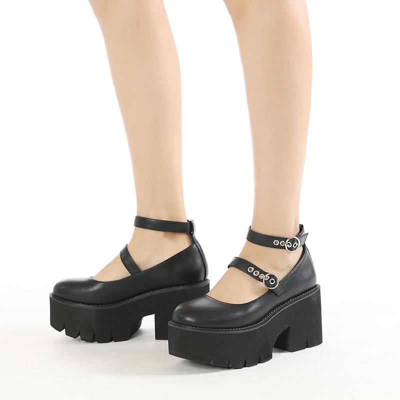 Round Toe Chunky Goth Platform Women Shoes Trendy Ankle Strap Mary Janes Pumps Suare Heels Lolita Style College Student