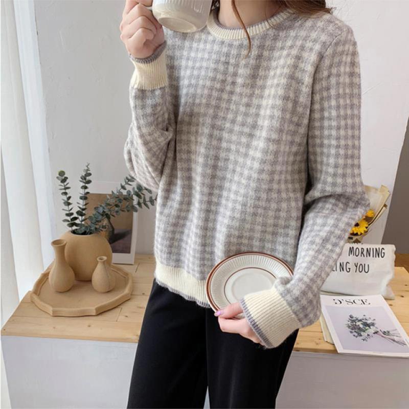 Classic O-Neck Plaid Knitted Sweater Women Loose Vintage Pullover Fall Winter New Long Sleeve Female Clothes