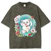 Cartoon Cute Kitten Print Women's T-Shirt Y2K Oversized Crew Neck Short Sleeve Wash Unisex  Fairy Style Top