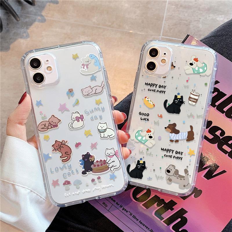 Милый Кавайный Кот Собака Наклейка Чехол для Телефона для iPhone 17 16 15 14 13 12 11 Pro Max Plus Корейский Стиль Ударопрочный Прозрачный Мягкий ТПУ Чехол