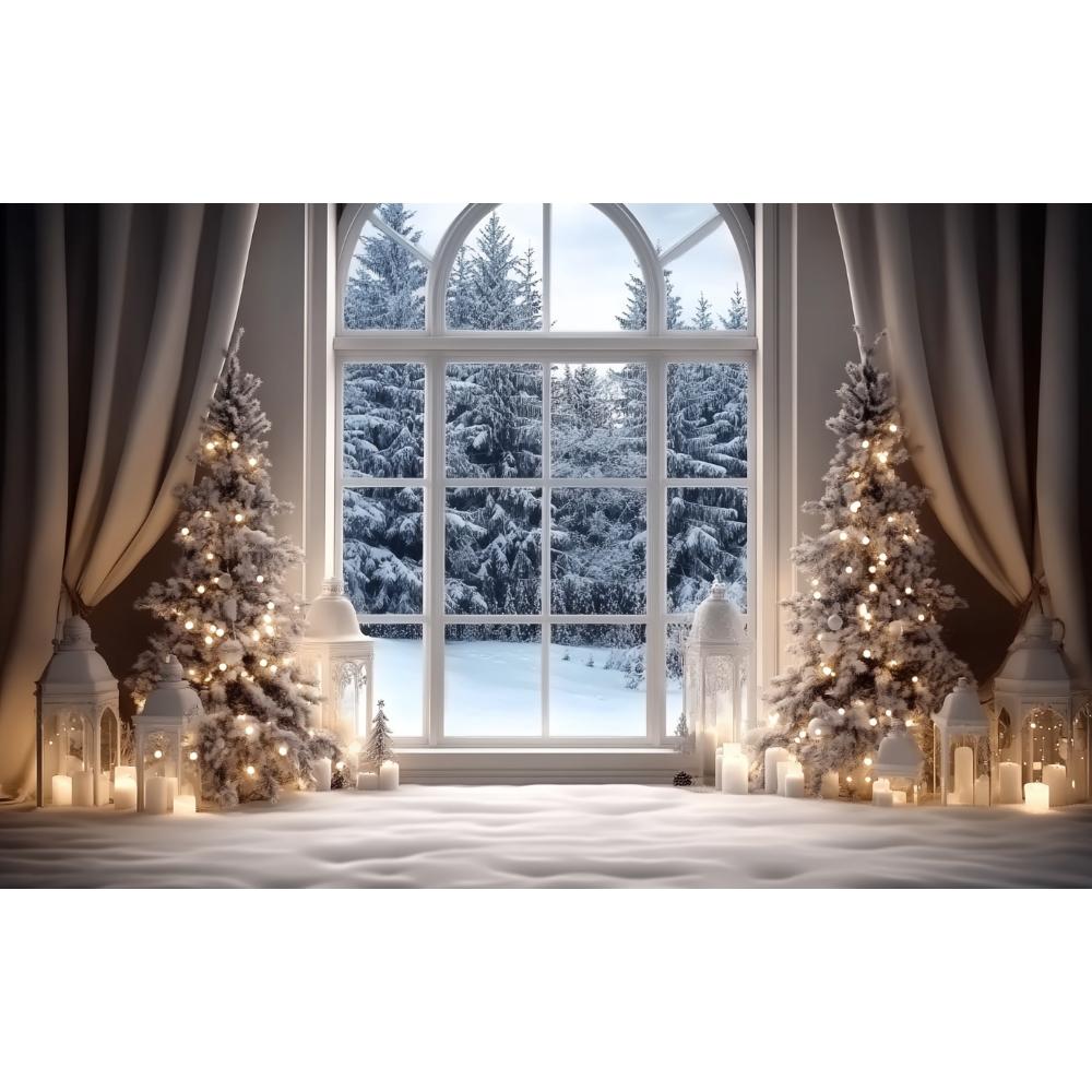 Christmas Winter Decoration Background Snow Window Forest Christmas Tree Photography Background 70.8*43.3 InchesPhoto Studio