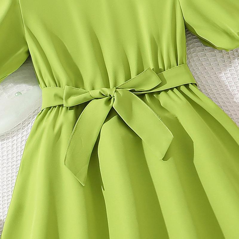 Платья для девочек 7-12 лет, летнее новое длинное платье, темпераментная талия, модная юбка-фонарик с широкими рукавами и широкими качелями