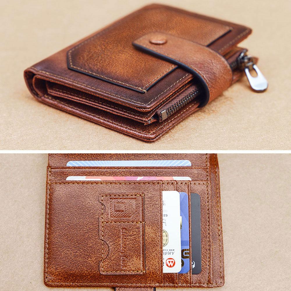 Vintage Men Genuine Leather Wallet RFID Blocking Trifold Short Multi Function Money Clip Large Capacity Zipper Coin Purse