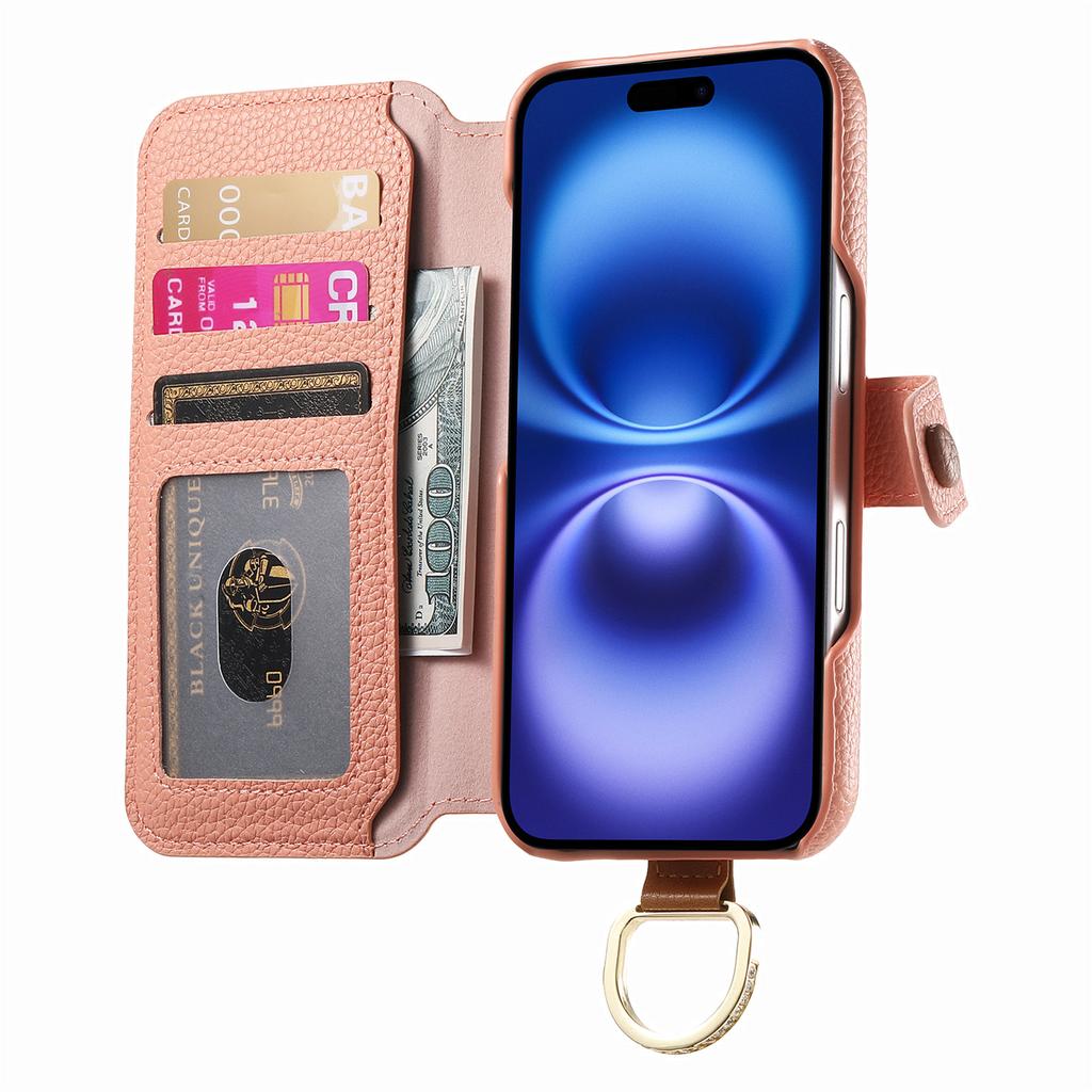 For iPhone 16 Case RFID Blocking Zipper Wallet PU Leather Mobile Cover - Pink