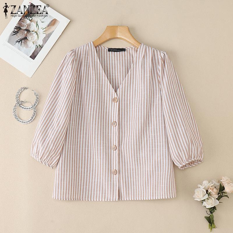 ZANZEA Women Casual V-Neck Loose 3/4 Sleeve Stripe Blouse