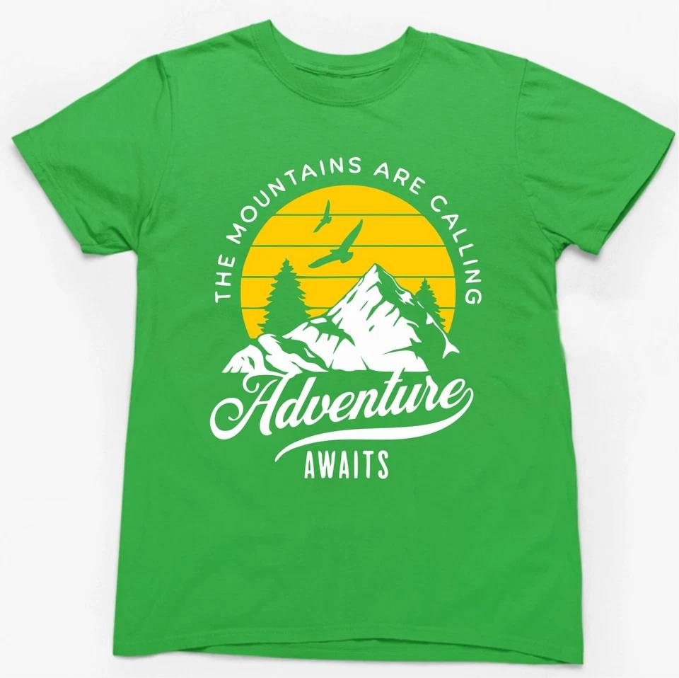THE MOUNTAINS ARE CALLING ADVENTURE AWAITS T-SHIRT Novelty Gift Walker Hiker Top 3