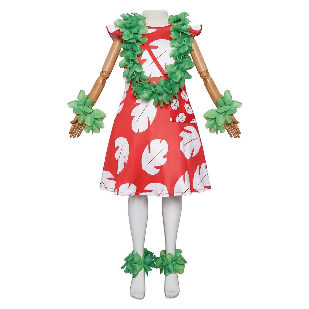 Kids Lilo & Stitch Lilo Cosplay Costume, Red Hawaiian Dress with Green Leaf Accessories for Halloween & Parties