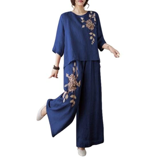 Женские костюмы-двойки с рукавом 3/4, винтажные вышитые рубашки, комплект брюк с широкими штанинами, летний повседневный комплект из хлопка и льна