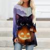 Plus Size Women Black Cat Printed Comfy Long Sleeve Round Collar T-shirt Casual Baggy Mid Length Tee Tops