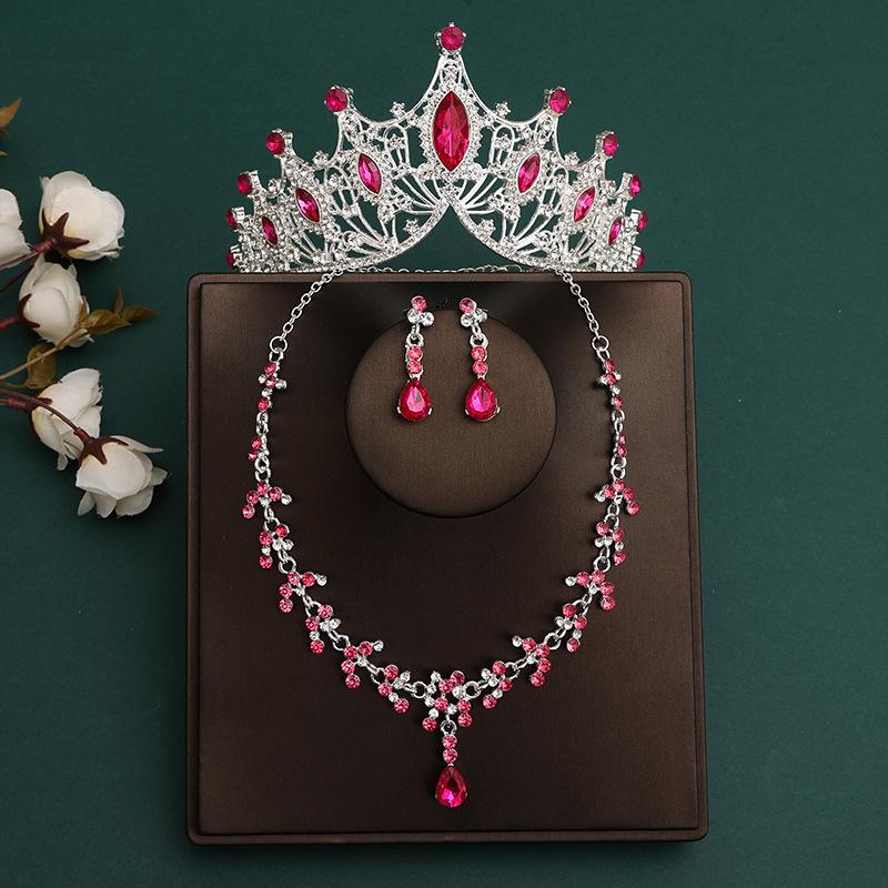 Элегантная розовая хрустальная тиара, корона для женщин, свадебная вечеринка, Корона, ожерелье, серьги, комплекты ювелирных изделий, аксессуары для платья и волос