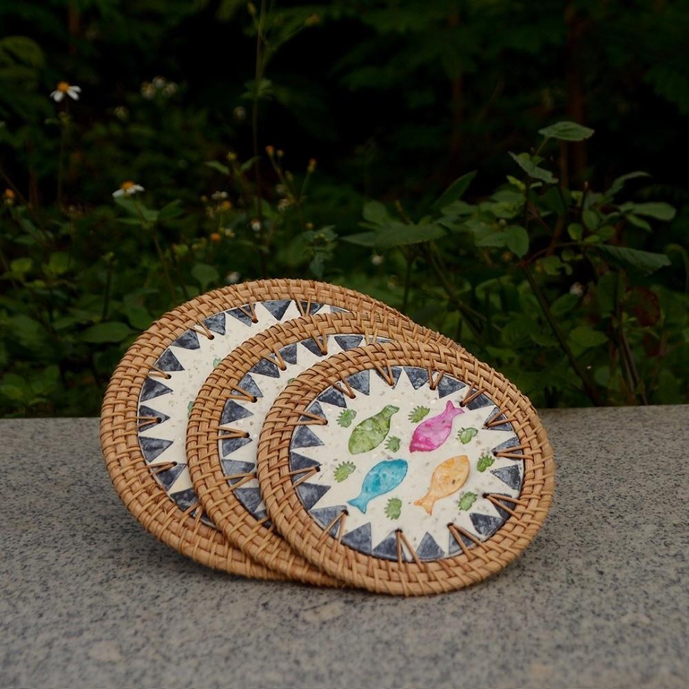 Round Rattan Weaving Coaster Handwoven Tea Cup Mats Tea Ceremony Shell Mats Home Decor
