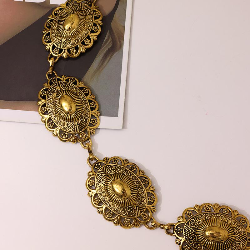 Европейская и американская старинная позолоченная почерневшая металлическая женская цепочка на талию в западном InS-стиле с ретро-резьбой