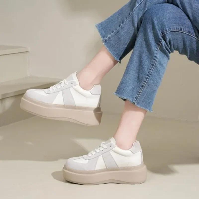 6CM Genuine Leather Women Casual Women Fashion Sneakers Chunky Shoes Spring Autumn Shoes Super Thick Platform Wedge Skateboard
