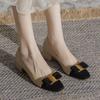 Classic Thick Heel Bow Metal Decoration Lady Pumps Simple Square Head Leather Women Single Shoes Fashion Dress Shoe Plus Size 42