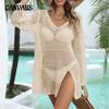 Women's V Neck Open Cut Long Sleeved Beach Bikini Smock Dress