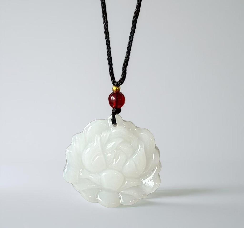 Imitation Hetian Jade Lotus Pendant Necklace for Women - White Jade Flower Blooming Wealth Design