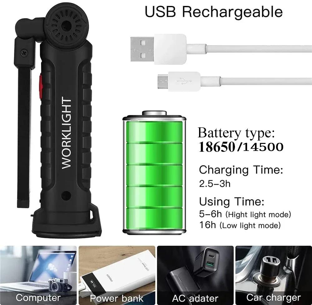 COB LED Рабочий свет Диммируемый USB Перезаряжаемый Светодиодный фонарик Инспекционная лампа с магнитным крючком Power Bank Батарея 18650 Фонарь