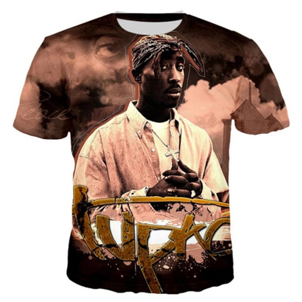 Fashionable 2pac Pattern 3D Printed Hip-hop Men's Clothing Summer Casual Fashion Round Neck Top Street Trend Harajuku Short Sleeved T-shirt