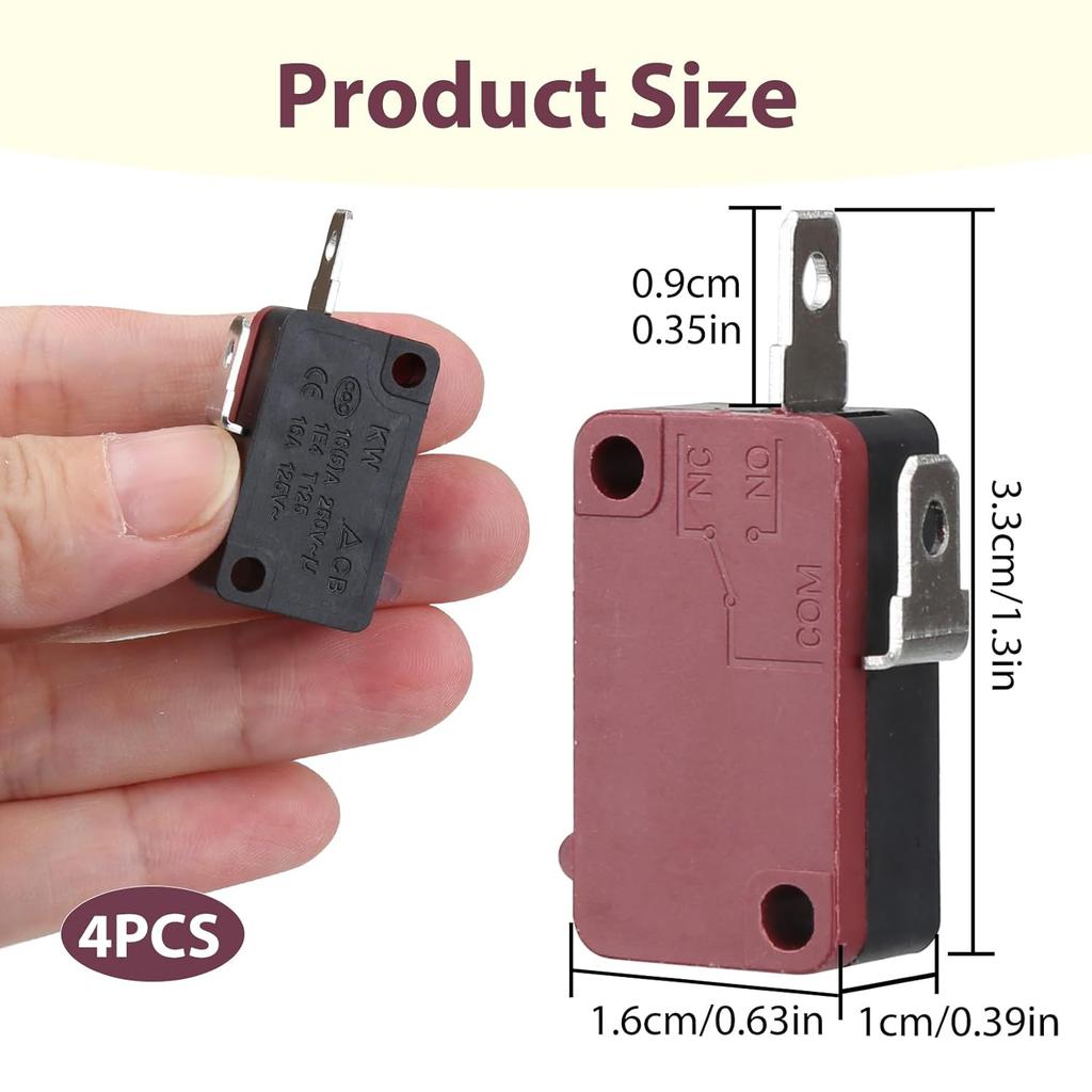 4 PCS KW7-0 Micro Switch, 16A 250VAC 3-Pin 1NO 1NC Normally Open, Replacement for Power XL and Vortex Air Fryer, Microwave Oven, Induction Cooker