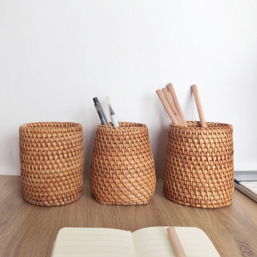 Handmade Pencil Holder Rattan Sundries Storage Basket New Pen Container
