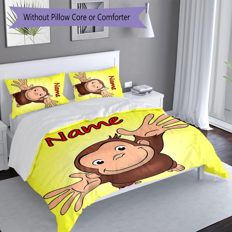 3pcs Custom Name Curious George Set,Includes 1 Duvet Cover and 2 Pillowcases,All-season Bedroom Decor