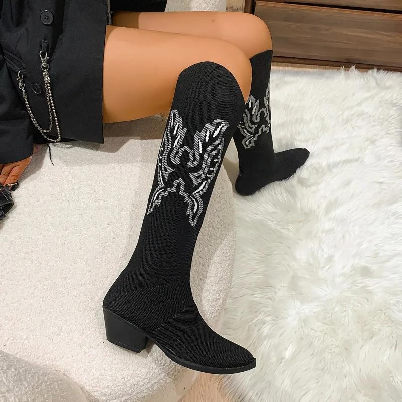Womens High Boots Fashion Pointed Toe 2025 Trend New Totem Brand Design Low Heel Knight Boots Casual Slip-on Outdoor Botas Mujer