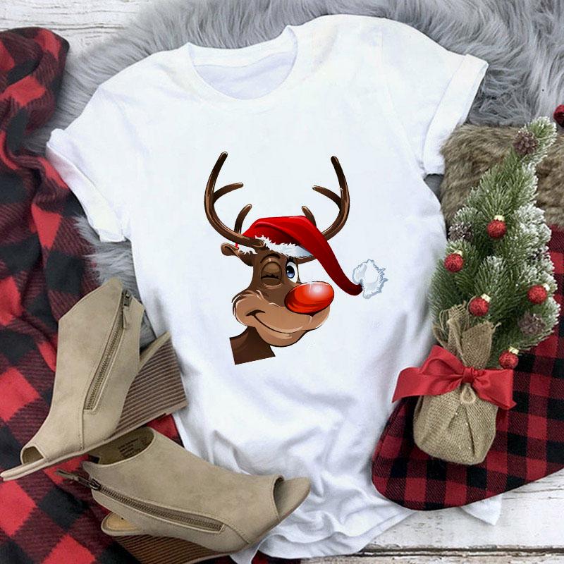 Cute Reindeer T Shirt Women Fashion Christmas Harajuku Short Sleeve T Shirt White Suitable All Seasons