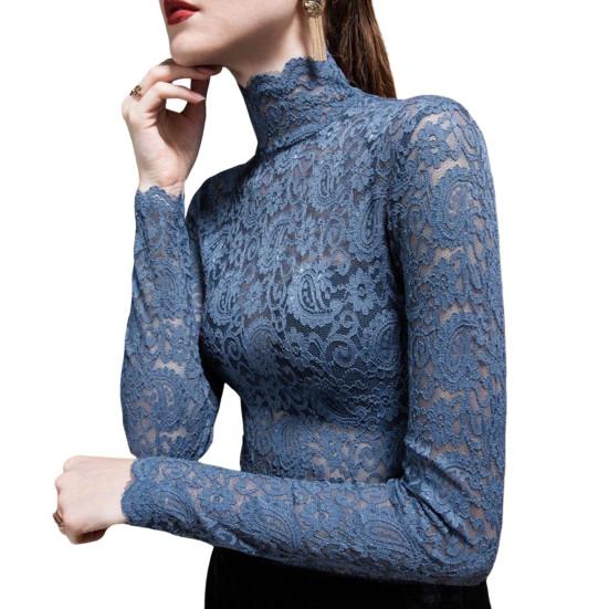 Women Bottoming Top Slim Fit High Collar Long Sleeve Hollow Out Solid Color Daily Collocation Thin