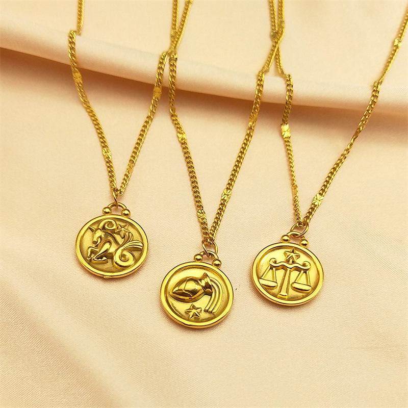 Маленькие и универсальные украшения для темперамента, рельеф из нержавеющей стали с изображением двенадцати знаков зодиака, круглая подвеска, ожерелье из титановой стали