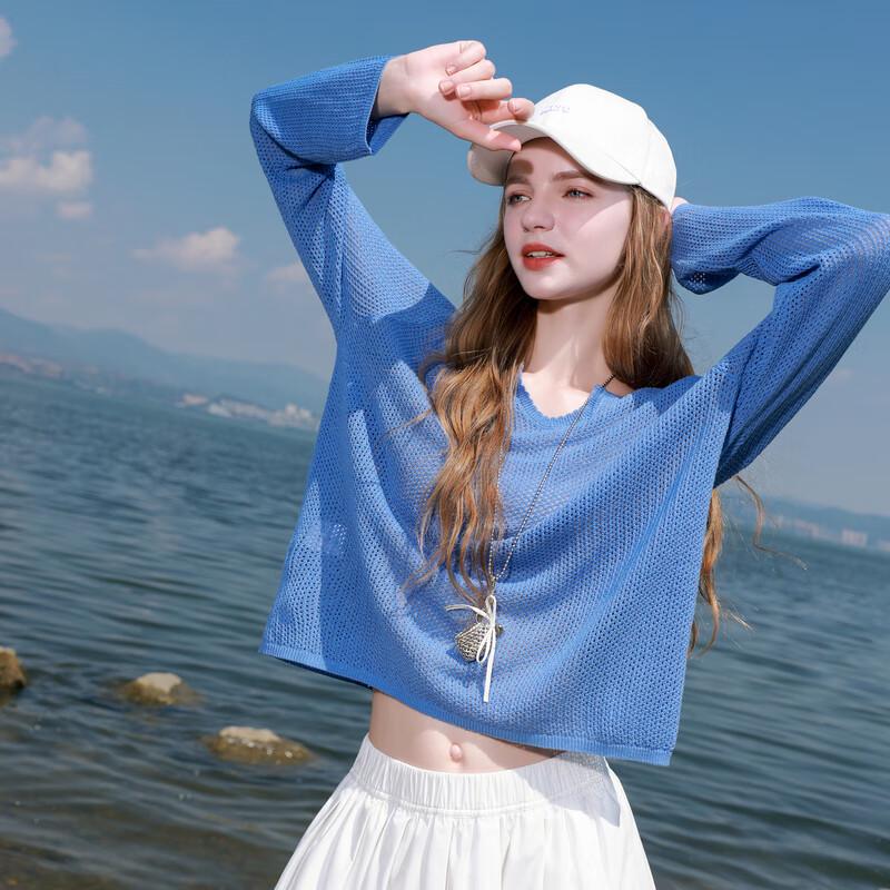 Женский свитер Sancai с V-образным вырезом, спущенным плечом и ажурной вязкой