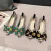 Pointed Head Shallow Mouth Single Shoes Women's Spring and Summer Flat Bottom New Plaid Material Four Seasons Shoes Boat Ladyshoes Single Large Size