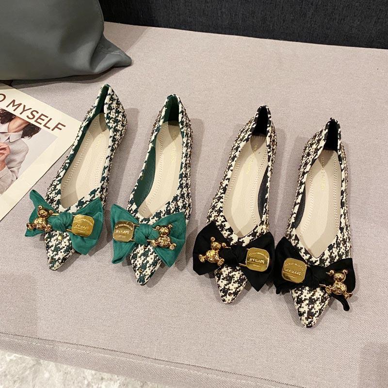 Pointed Head Shallow Mouth Single Shoes Women's Spring and Summer Flat Bottom New Plaid Material Four Seasons Shoes Boat Ladyshoes Single Large Size