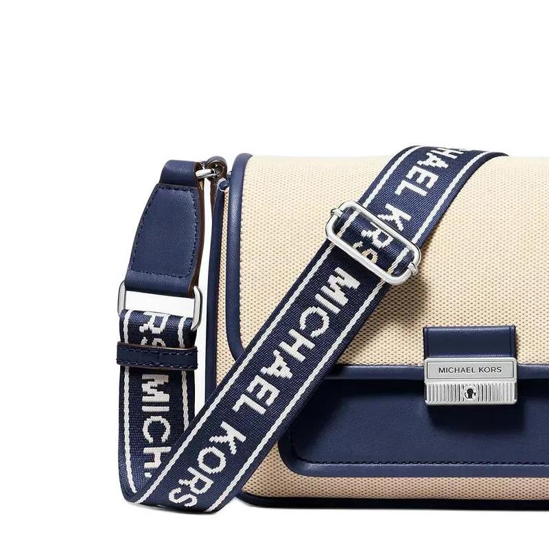 MICHAEL KORS Bradshaw Gold Hardware Adjustable Strap Fabric Crossbody Shoulder Bag Medium Women's Beige and Navy