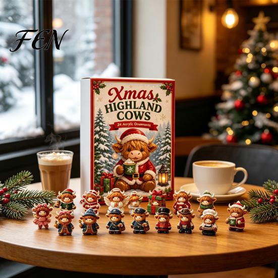 Christmas Tree Hanging Pendant 2026 Highland Cow Advent Calendar, 24 Day Countdown Calendar with 2D Acrylic Collectible Unique Home Accents