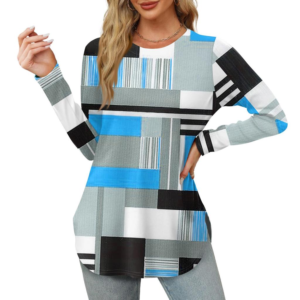 Женские рубашки с длинным рукавом и круглым вырезом, базовые свободные туники с боковым разрезом, повседневные рубашки с цветочным принтом