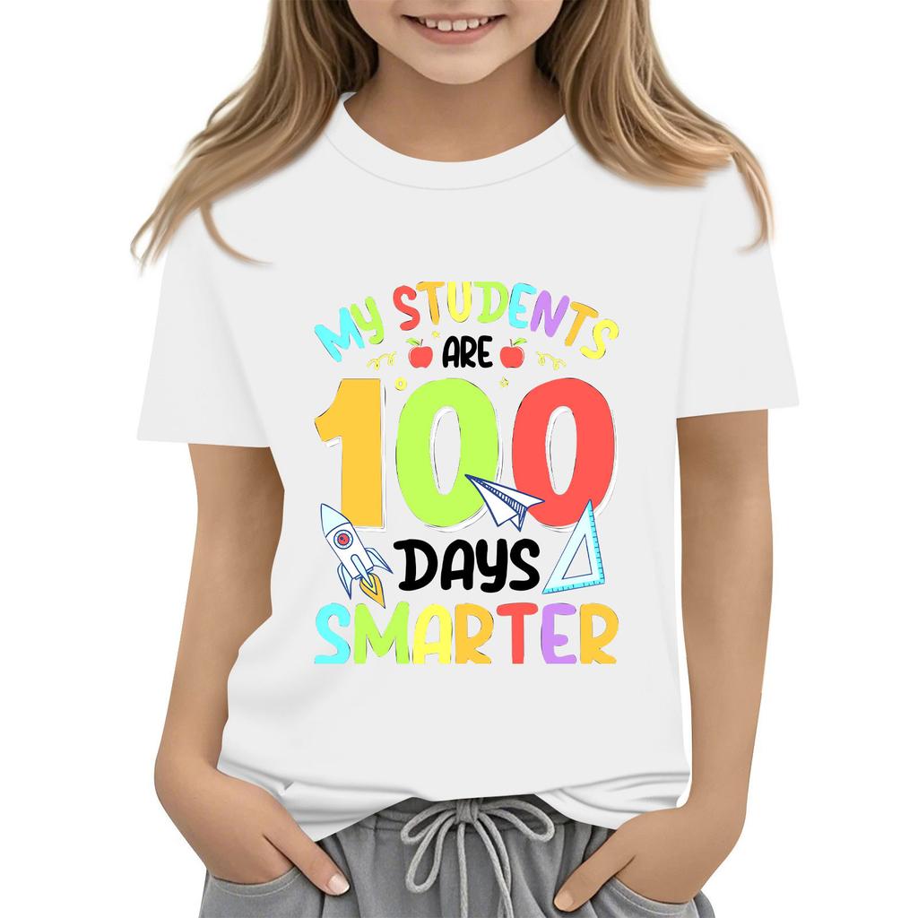 Kids Fashion Casual Short Sleeve 100 Day School Anniversary Printed Round Neck T-Shirt Top
