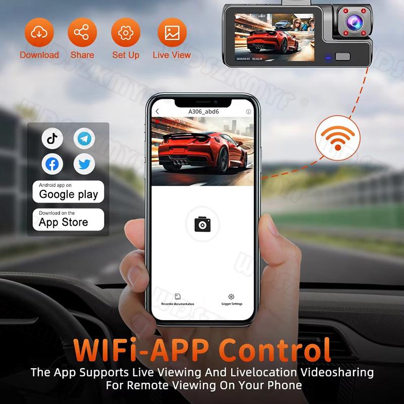 3-канальная видеокамера для автомобиля 1080P Автомобильная камера WIFI Видеорегистратор 2 объектива Камера переднего и заднего вида Автомобильный видеорегистратор Черный ящик Автомобильные аксессуары