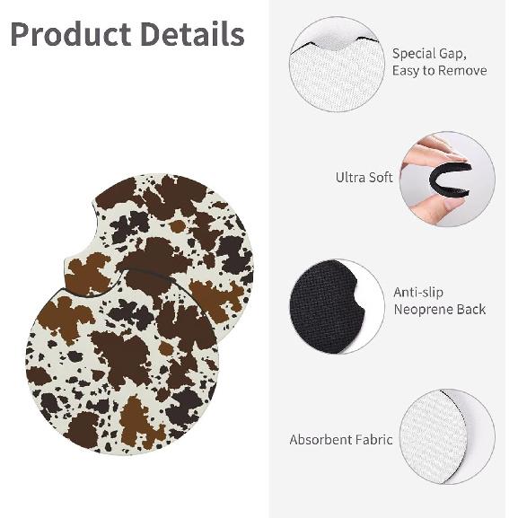 Brown Western Cow Print Steering Wheel Cover for Women Men with 2 Pcs Car Coasters, 15 Inches Neoprene Anti-Slip Cute Universal Car Accessories