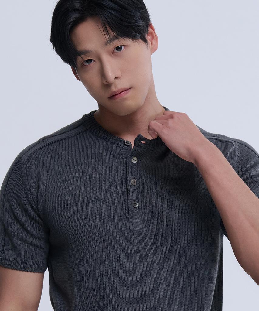 NINEZ Henley Neck Short Sleeve Muscle Knit (Charcoal)