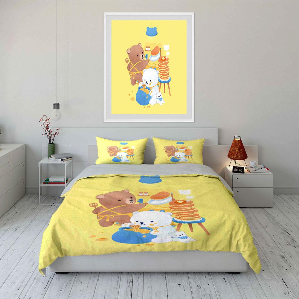 Cute Bears Cooking with Pancakes Bedding Duvet Cover Set Duvet Cover Pillowcases (1*Duvet Cover 2*Pillowcases, without duvet insert)