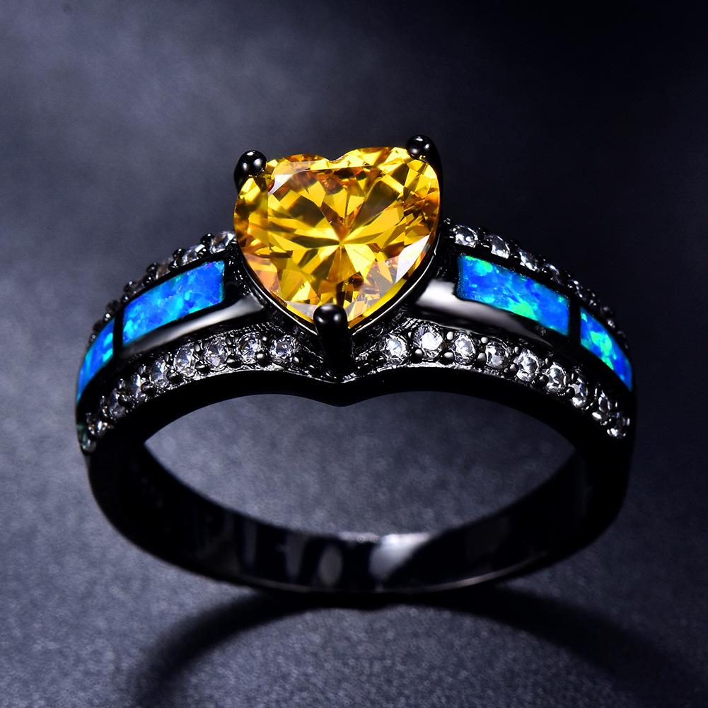 European and American Fashion Style Black Gold Inlaid Colorful Heart Shaped Ring and Bracelet Accessory