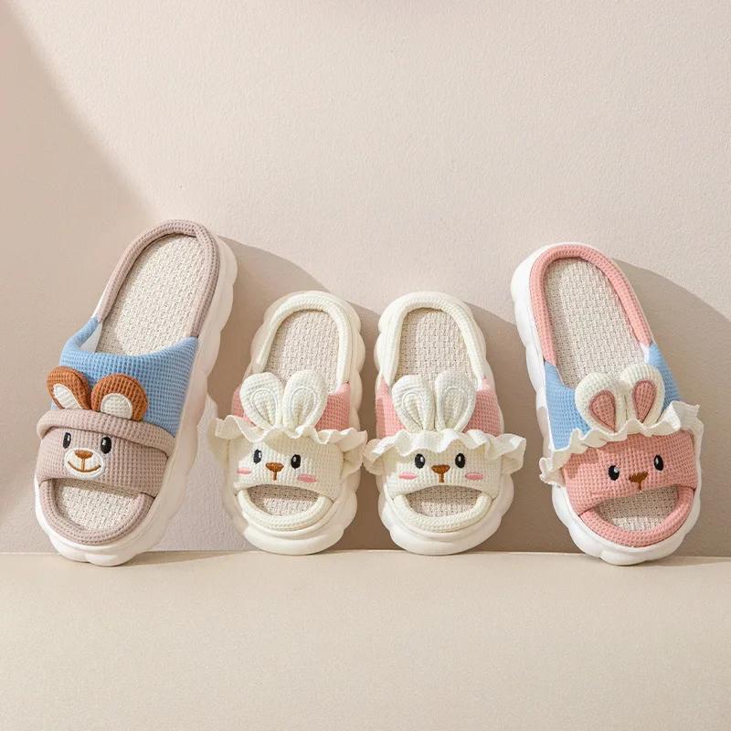 Женские милые домашние тапочки с кроликом, четыре сезона, мужские домашние льняные бесшумные утолщенные хлопковые туфли, удобная нескользящая платформа