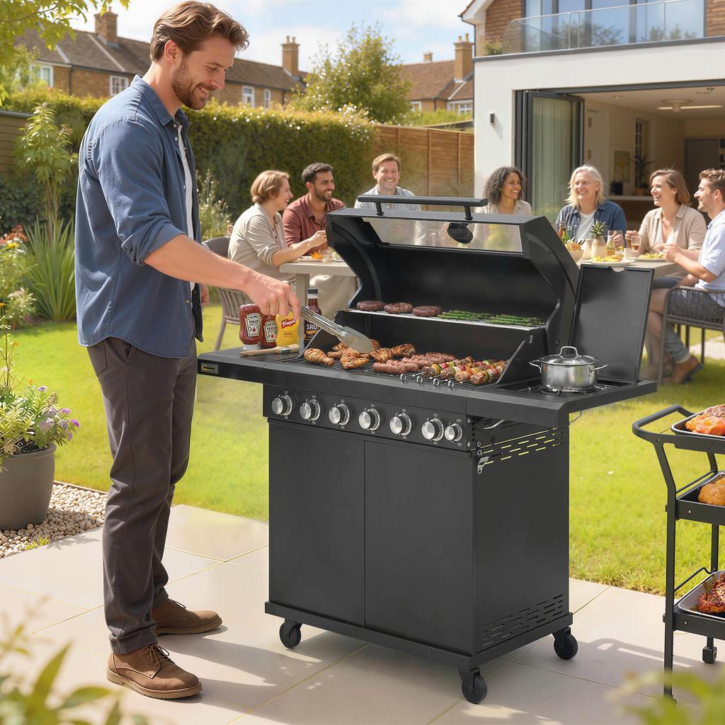 6+1 Burner Gas Bbq Grill Outdoor Barbecue Trolley With Wheels Warming Rack Thermometer Bottle Opener Black