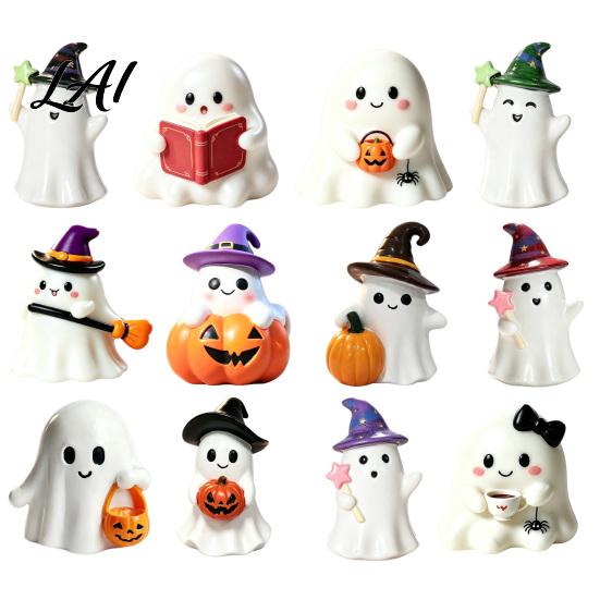 Small Ghost Sculpture Halloween Resin Figurine Creepy Witch Hat Statue Desktop Statue Pumpkin Reading Ornament for Holiday Party Decoration Figurine
