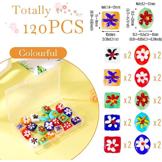 20 шт. Овальные квадратные бусины лэмпворк ручной работы с цветочным узором, разноцветные стеклянные бусины лэмпворк миллефиори, милые цветочные плоские овальные кубические бусины-разделители для DIY