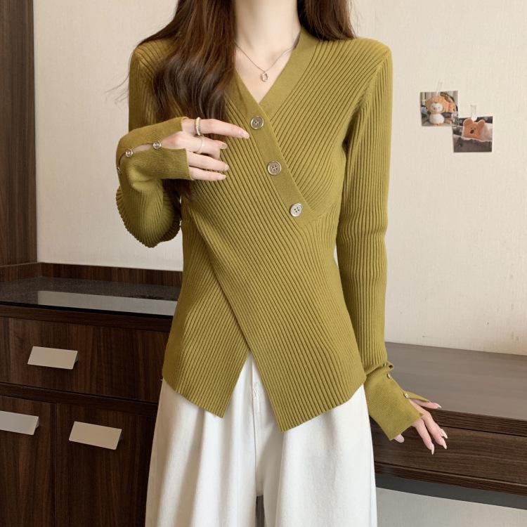 Корейский Kpop однотонные свитера с v-образным вырезом, осенние топы с тонкой талией и разрезом, женские вязаные пуловеры с длинными рукавами