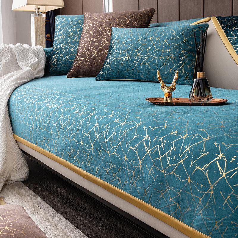 High-end Black Gold Leather Sofa Cushion Modern Non-slip Anti Cat Scratching Chair Pad Satin Edging Recliner Cover Towel Winter